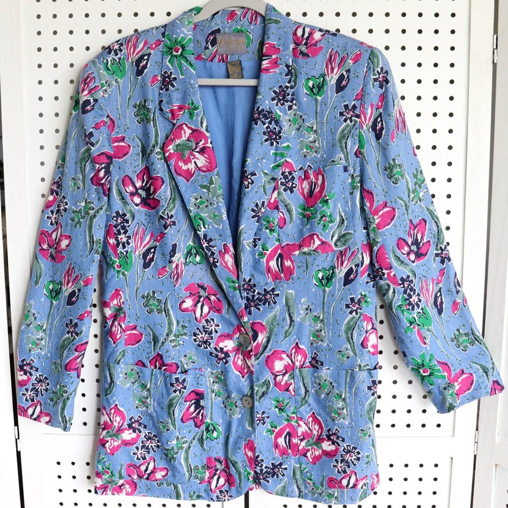 Vintage Blue Floral Linen Blazer Womens SIZE 10 Cottagecore Romantic